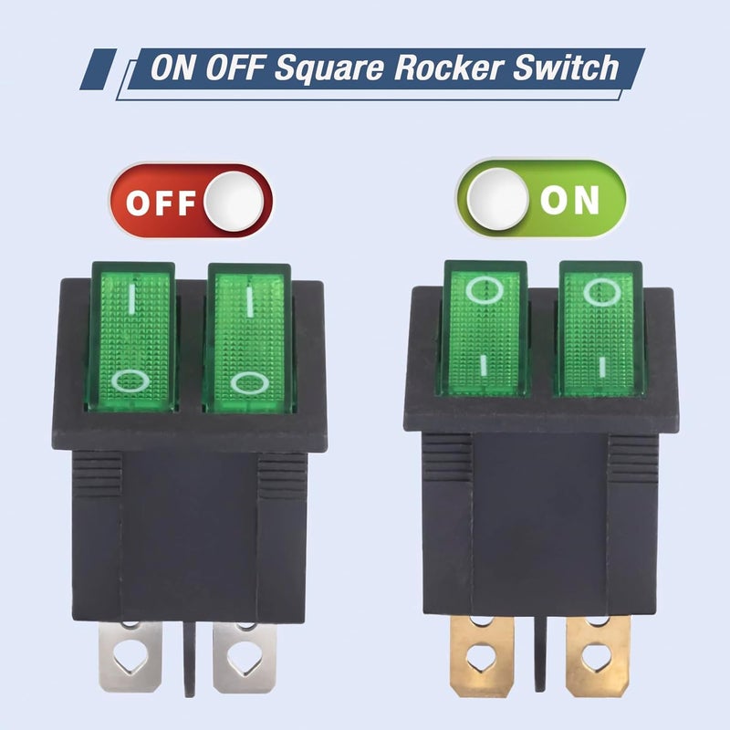 VEXUNGA 6pcs Mini Rocker Switch On Off Green Light Double Rocker Switch Boat 20A 125V AC 15A 250V 6 Pin 2 Position Lighted Illuminated SPST Snap Dual Switches for Car Marine - Image 3